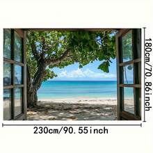 1 Stück Naturstrandomhang Fotohintergrund Tuch, Fensterbaum, grüne Blätter, Meersicht, Stranddekorationshintergrund, Fotorequisiten, Tapete, Landschaftsfotostudio Hintergrundvorhang, geeignet für Geburtstagsfeiern, Outdoor-Feiern, Urlaubsveranstaltungen, Partybanner, mit verschiedenen Größen zur Auswahl