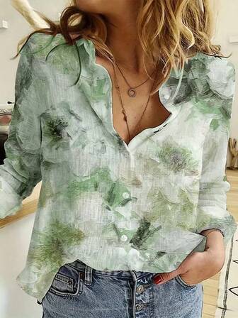 เสื้อเชิ้ตแขนยาวติดกระดุมพิมพ์ลายมัดย้อมสำหรับวันแม่ สไตล์รีสอร์ทมินิมอล สำหรับผู้หญิง ฤดูใบไม้ผลิ/ฤดูร้อน