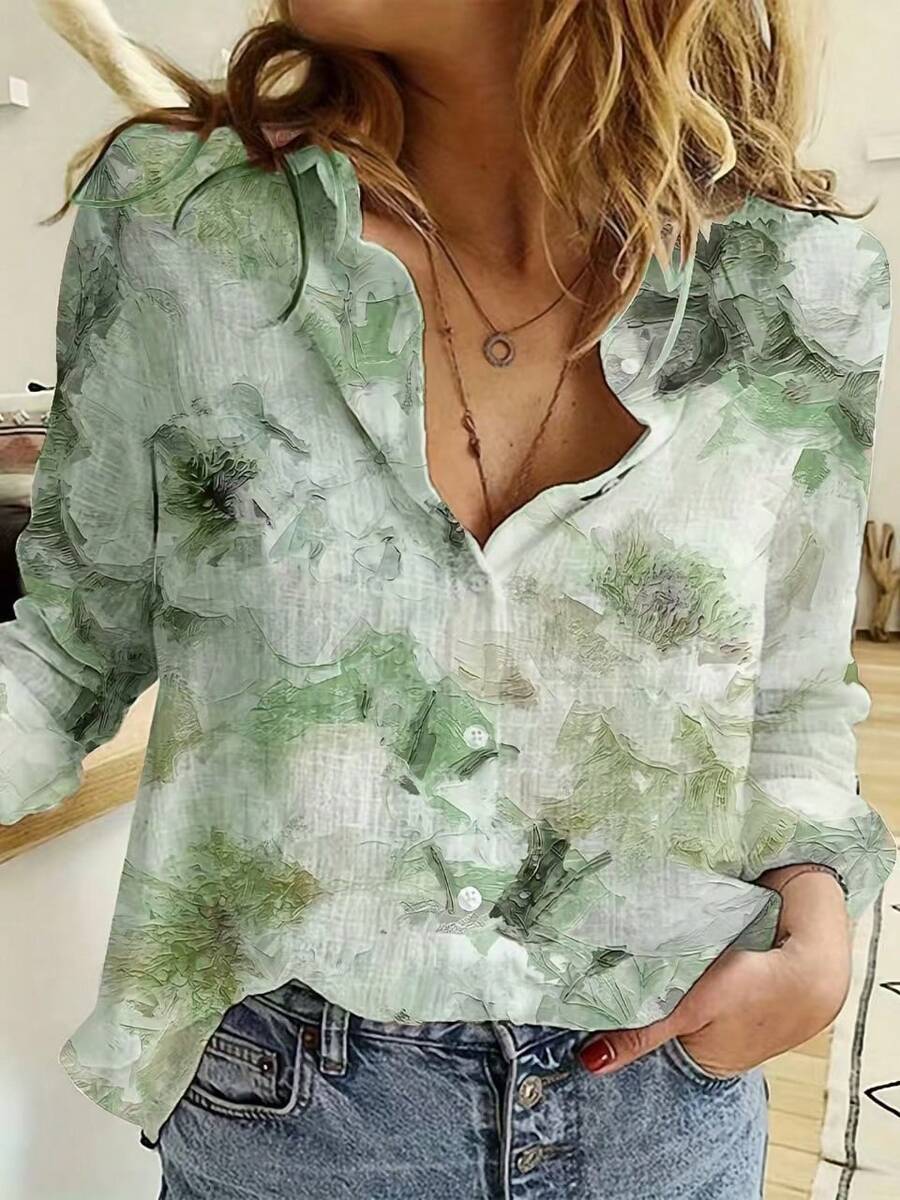 母亲节扎染印花休闲纽扣长袖衬衫，简约度假风格，女款春夏 - 綠色 - 查看 1