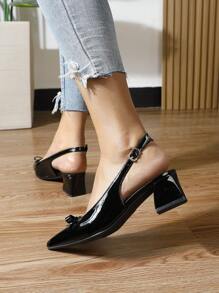 Sandales à talons épais noires à la mode pour femmes, chaussures d'été confortables à enfiler avec un nœud papillon, talons compensés à bout fermé