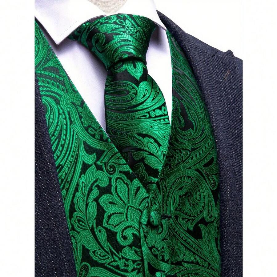 Local Warehouse-  Waistcoat Necktie Vest Set For Wedding Casual Mens Green Floral Paisley Woven - Green - View 1