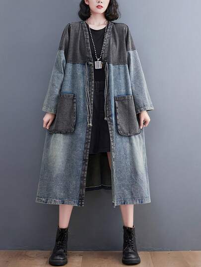 ヴィンテージ風デニムスタイル カラーブロックVネック ミドル丈ジャケット - オーバーサイズリラックスフィット コントラストポケット付き 100%ポリエステル レディースカジュアルアウター