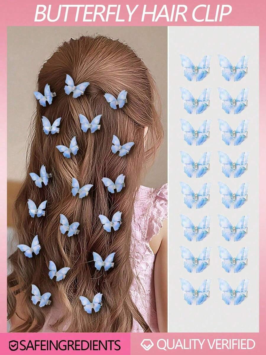 24/18/12/6 件浅蓝色渐变双层水晶欧根纱蝴蝶发夹，带水钻，可爱公主发饰爪夹发夹发夹，学校用品 - 藍色 - 查看 1