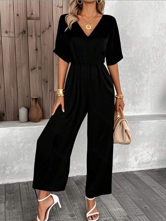 V-Neck Elastic Waist Jumpsuit, Casual Solid Color Short Sleeve, Spring/Summer/Autumn