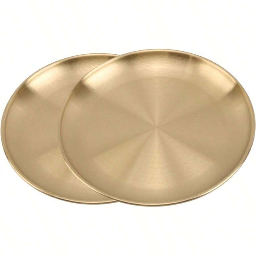 Juego de 2 platos de acero inoxidable, bandejas de metal para cena de 5.5 pulgadas para aperitivos, frutos secos, dulces, plato para camping, a prueba de roturas y aptos para lavavajillas - Oro de 9 pulgadas - Ver 1
