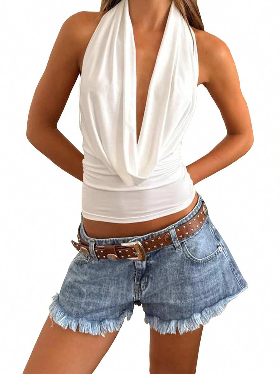 Women's Halter Neck Tank Tops Sleeveless Open Back Solid Color Slim Fit Tops Ruched Shirts - Beige - View 1
