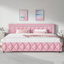 Twin/ Full/ Queen/ King Size Bed Frame, Upholstered Bed Frame With Diamond Headboard And Footboard, White/ Beige/ Black/ Grey/ Pink/ Purple/ Green