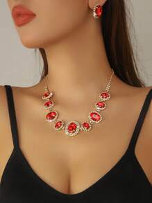 Fashionable Temperament, Geometric Necklace, Earring Set, High-End Feel, Light Luxury, Red Rhinestone Jewelry Set, Bridal Accessories