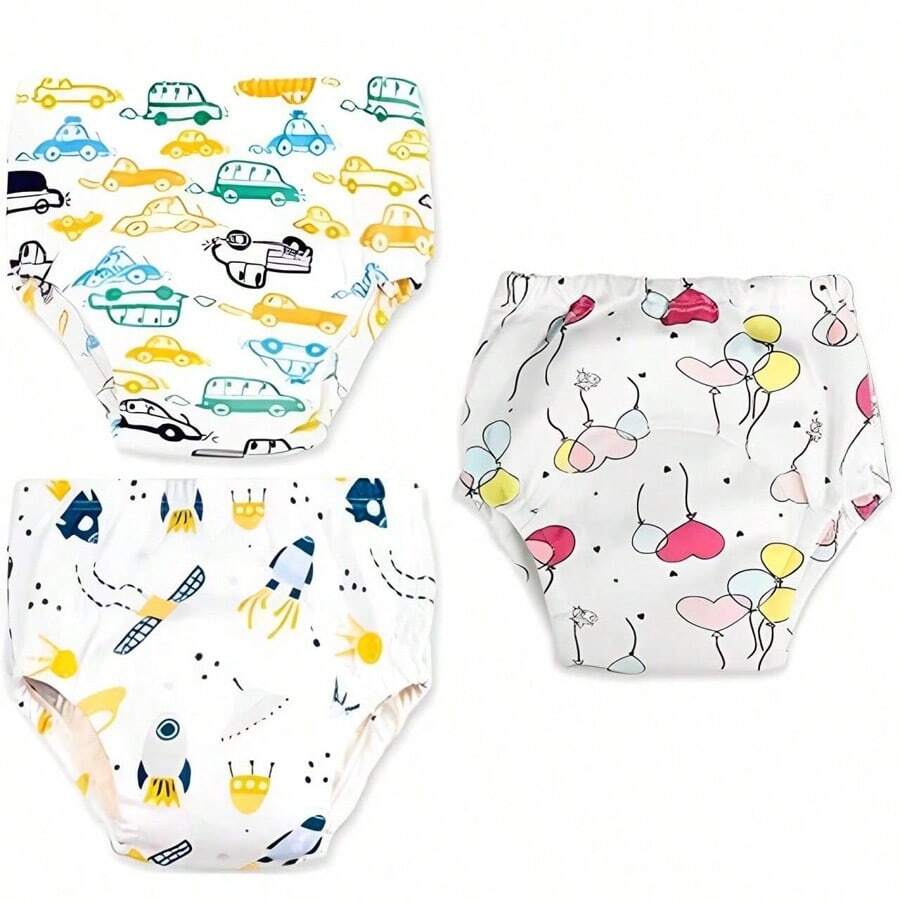 3 Stücke wiederverwendbare Baumwoll-Baby-Trainingshosen, atmungsaktive auslaufsichere Taschen-Windeln, weiche und atmungsaktive Baby-Trainerhosen mit süßen Mustern, waschbare und wiederverwendbare Windeln für Jungen und Mädchen, bequem für alle Jahreszeiten, Töpfchen-Trainingsunterwäsche mit verspieltem Design