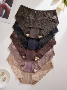 5件装女士蕾丝拼布镂空中腰内裤