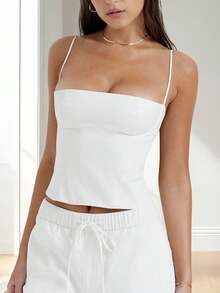 Women's Summer Fitted Cami Tops Y2K Solid Color Sleeveless Backless Vest Cropped Slim Tops Tank Tops Going Out Tops - 米色 - 查看 3