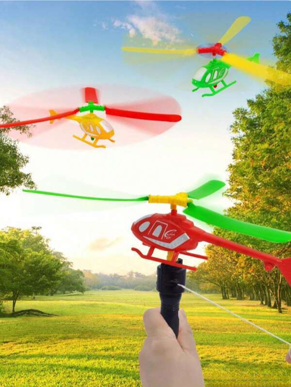 1/2/3/5 Sets Random Color Outdoor Pull Line Helicopter Toy Plane, Fly Small Plane, Red, Yellow, Green, Teenager's Outdoor Games Sports Toys, Handle Pull Helicopter, New Year/Halloween/Christmas/ Birthday Gifts , Plastic Toy, Party Small Gift, Stress Relief Toy, Decompression Toy, Indoor/Outdoor Activity