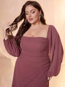 纯色长袖腰部荷叶边拉链荷叶边下摆高开叉雪纺晚礼服 - 紅木色 - 查看 5