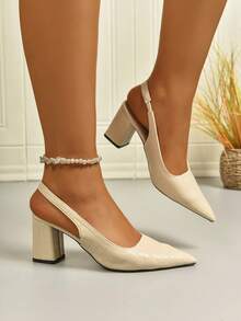 2025 New Fashion Girl's Chunky High Heel Pointed Toe Faux Crocodile Leather Versatile Comfortable Pumps - Beige - View 5