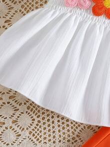 【夏季运动装】撞色吊带背心+橙色直筒宽松裤套装｜3D花朵褶皱设计｜日常休闲装、度假装、户外出游、海滩风运动套装 - 白色 - 查看 5