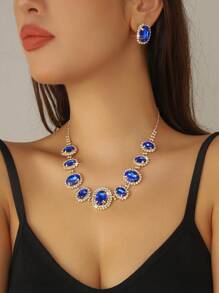 Fashionable Temperament, Geometric Necklace, Earring Set, High-End Feel, Light Luxury, Red Rhinestone Jewelry Set, Bridal Accessories