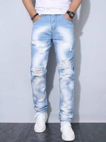 Jeans slim fit in denim slavato e consumato di stile europeo e americano, da uomo