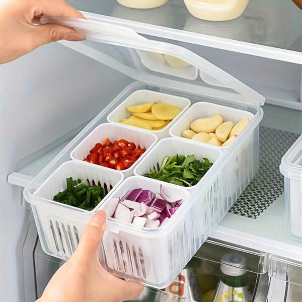 1 Piece Of Kitchen Scallion And Ginger Storage Box, 6-In-1 Scallion, Ginger And Garlic Preservation Box, Refrigerator Fruit And Food Preservation Draining Box