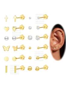 Flower Flat Back Earrings For Women, 14K Gold Cartilage Earring Tragus Helix Small Hypoallergenic Titanium Steel Screw Back Earrings CZ/Ball/Pearl/Dot/Heart/Cross/Butterfly Stud Earrings Jewelry Gift For Her