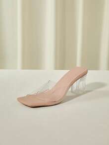 女士高跟凉鞋春夏新款，透明水晶粗跟，小巧透明拖鞋，户外性感简约风女鞋，情人节圣诞节冬季圣诞礼物 - 杏色 - 查看 4