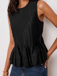 Womens Peplum Babydoll Tops Cute Pleated Sleeveless Ruffle Strap T Shirts Tank Summer Tops - 黑色 - 查看 5