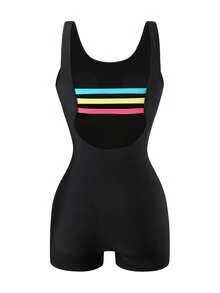 Solid Color Minimalist Casual Backless One-Piece Swimsuit, Suitable For Beach Vacation Summer - Multicolor - View 4