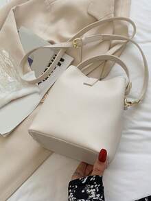 女士休闲斜挎水桶包 - 纯色，双层PU材质手提包，磁扣，可调节肩带单肩包 - 轻巧设计，适合通勤、休闲和约会，风格简约，用途广泛 - 米色 - 查看 7