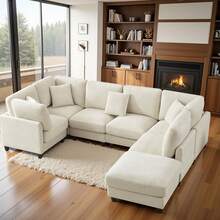 7-Seater Corduroy Modular Sectional Sofa, L-Shaped Couch, U-Shaped Sectional Sofa With Footrest, 4-Pack Shipping, Living Room Furniture, Beige - trắng - Xem 9