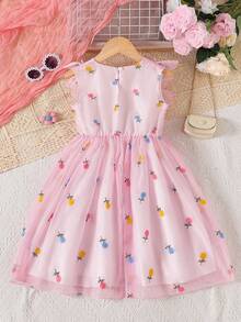 Tween Girls Bowknot Floral Embroidery Sleeveless Mesh Tutu Princess Dress - Pink - View 2