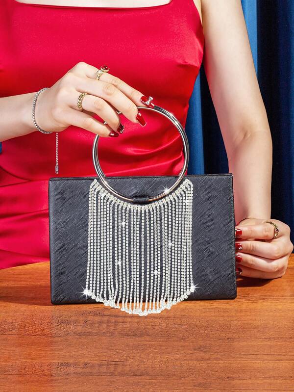 1pc Palmprint PU Material Evening Handbag, Paired With High-End Round Metal Wristlet And Elegant Crystal Tassel, Suitable For Carrying By Hand/Handheld/Shoulder/Crossbody, Ideal For Wedding/Party/Banquet/Gala
