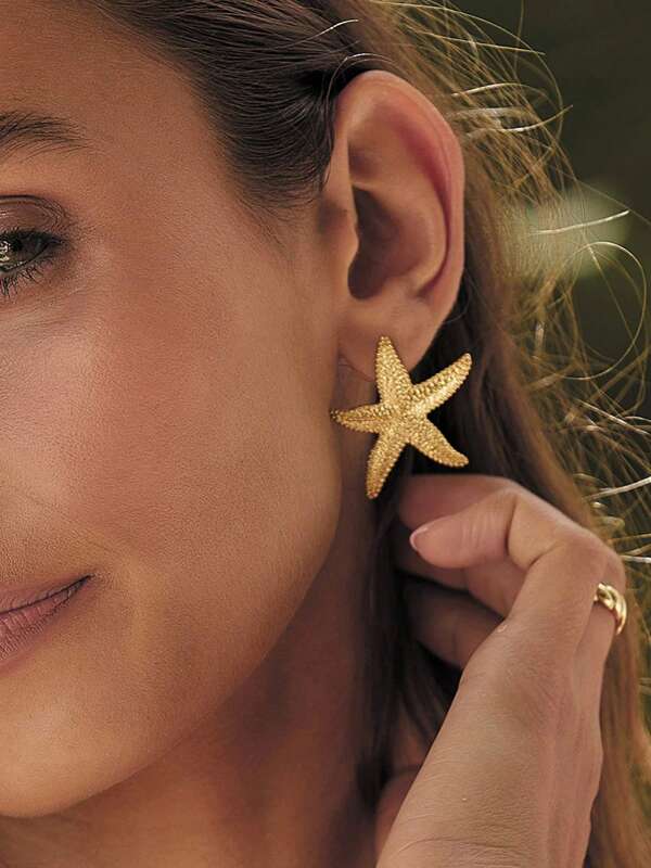 Starfish Statement Stud Earrings For Women Boho Chunky Bracelet Starfish Shell Rings Jewelry Alluring Ocean-Themed Gold Summer Beach Fashion Accessories Gifts