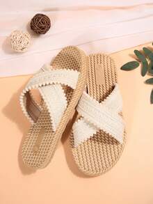 全新加大码女式舒适简约圆头交叉平底凉鞋，休闲时尚露趾沙滩度假夏季鞋 - 米色 - 查看 6