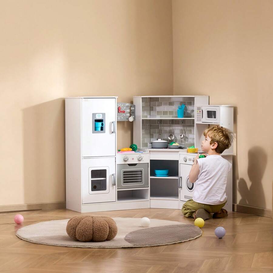 Cocina de juguete de madera esquinera, juego de juguetes con luces y sonidos, cocina infantil con máquina de hielo, horno, fregadero, reloj, microondas, refrigerador y accesorios, para niños pequeños y preescolares, color blanco - Blanco - Ver 1