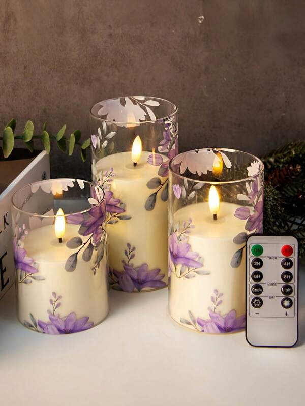 3 pezzi Candele in acrilico senza fiamma tremolante con telecomando e timer, candele a LED a forma di fiori viola con batteria, candele a cera realistica a pilastro con fiamma calda, adatte per la decorazione domestica, feste e regali (3 X 10cm, 13cm, 15cm)