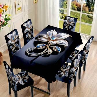 Juego de 1/4/5/6/7 piezas de funda para silla y mantel, juego de 5 piezas / 7 piezas (1 mantel + 4 fundas para silla o 1 mantel + 6 fundas para silla) con patrón de flores de gema de plata de alta calidad, adecuado para la decoración diaria moderna en interiores, hogar, restaurante, hotel. El mantel es adecuado para mesas cuadradas, y las fundas elásticas para sillas se pueden lavar.