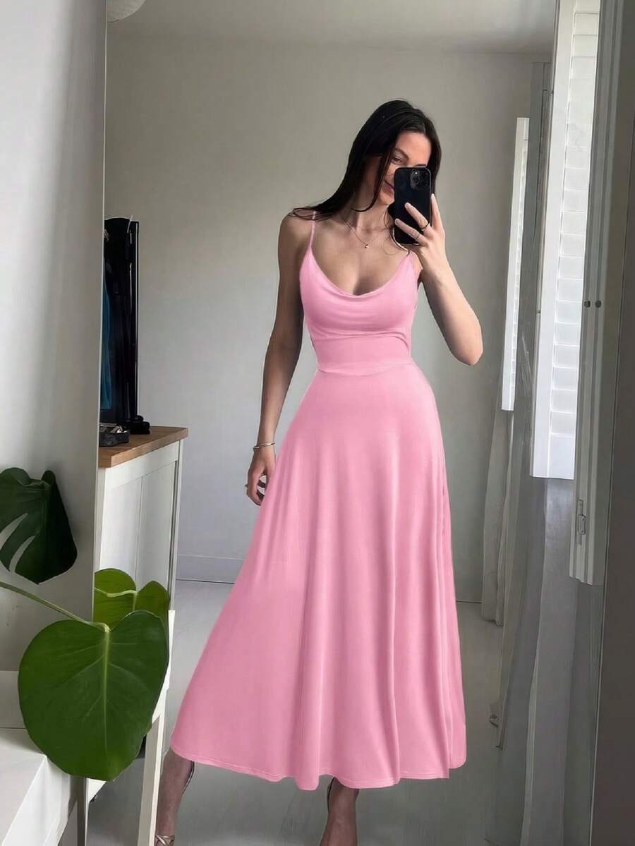 Vestido largo elegante con cuello drapeado, espalda descubierta y cintura ceñida - Rosa - Ver 1