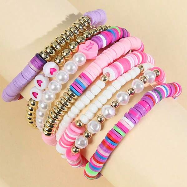 Bohemian Heart Bead Bracelets For Women Vinyl Disc Heishi Surfer Stackable Stretch Bracelet Summer Beach Boho Jewelry