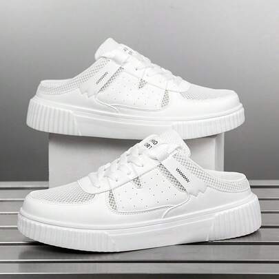 Giày thể thao nam buộc dây bằng da và lưới trơn màu tối giản, thiết kế độc đáo, thời trang ngoài trời đa năng, giày thường ngày