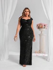 CHOSMO Große Größen neue Sommer Pailletten Hochzeit Frauenkleider, wunderschöne elegante Abendkleider, schlanke Taille lang Frauenkleider, formell, Partykleid, Abendkleid, für Abend, Hochzeitsgast - Schwarz - Übersicht 4
