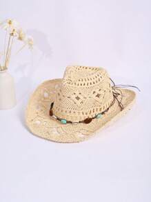 1 Peça Chapéu do Panamá Boêmio de Cor Sólida com Contas e Recortes, Chapéu de Sol Decorativo Casual com Proteção UV, Moda Combinável para Atividades ao Ar Livre, Todas as Estações