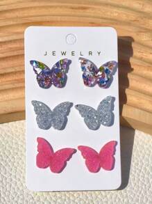 3 pares de aretes tipo mariposa de acrílico en colores brillantes surtidos, con un toque de brillo, apropiados como regalo para mujeres jóvenes y parejas