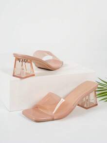 Wide Fit Women's French Square Toe Pink Strap Crystal Heel Sandals, Summer Outdoor Non-Slip Thick Heel Slippers, Suitable For Wide Feet, Plus Size - Pink - View 5