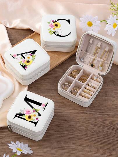 1pc Floral Initial Jewelry Box, A-Z Alphabet Travel Jewelry Box, Bridesmaids, Wedding Gift, Alphabet Ring Box, Gift Box For Women, PU Leather Jewelry Box (For Rings, Pendants, Earrings, Necklaces, Etc.) - Gift Box For Girls And Women.