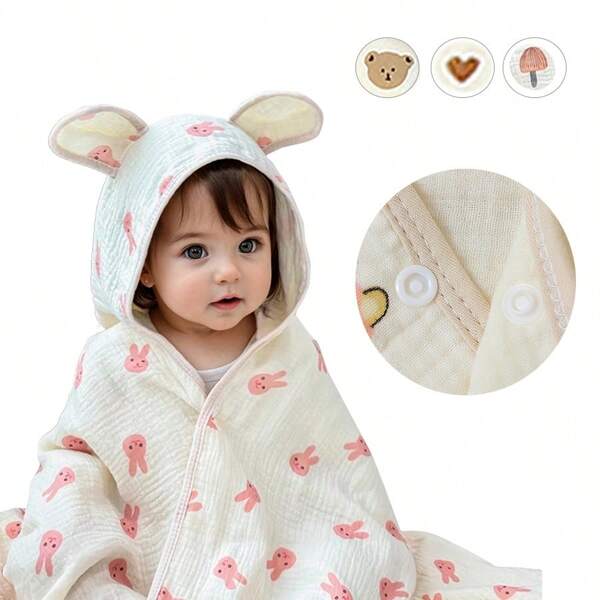 1 pieza Toalla de baño con capucha estilo capa de dibujos animados para niños, con estampados de oso, corazón, conejo, seta, gasa, bata de baño para bebé, toalla multifuncional