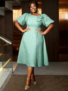 Women Plus Size Rose Jacquard Flared Puff Sleeve A-Line Graduation Dress, Suitable For Commuting, Elegant Cocktail Semi Formal Prom Dress, For Birthday, Wedding Guest, Graduation, Dinner, Homecoming