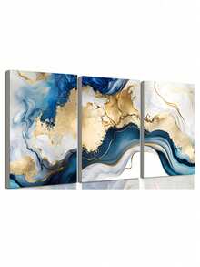 3 件蓝色和金色墙饰，蓝色绘画搭配白色和蓝色金箔，适用于客厅装饰，蓝色和金色大理石墙饰，蓝色和金色图片墙饰