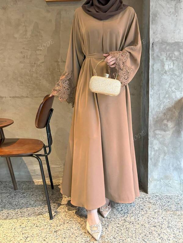 1 pieza Vestido informal de vacaciones en casa tipo abaya de color liso con detalles de encaje en las mangas y cuello redondo, elegante y modesto