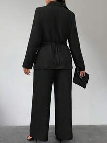 Set de 2 piezas de talla grande para mujer de camisa de manga larga con textura de lino y pantalones - Negro - Ver 5