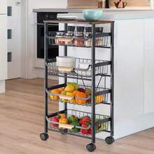 Removable Spice Rack, Fruit Vegetable Basket For Kitchen, 5 Tiers Large Pull-Out Wire Basket With Wooden Top And Wheels For Fruit Vegetable Onion Potato Snacks, Kitchen/ Restaurant Storage Rack Trolley, Black - Black - View 2