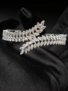 1 Set Of 2pcs European & American Fashion White Zirconia Bracelet Ring Set, Adjustable Design With Micro Inlaid Wheat Ear, Suitable For Women Daily Wear And Gifts